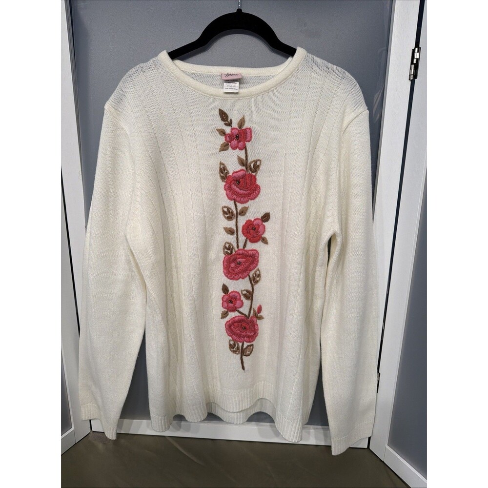 Vintage Adrian Dilefield Cream Sweater Embroidered Needlework Flowers Roses Sz L